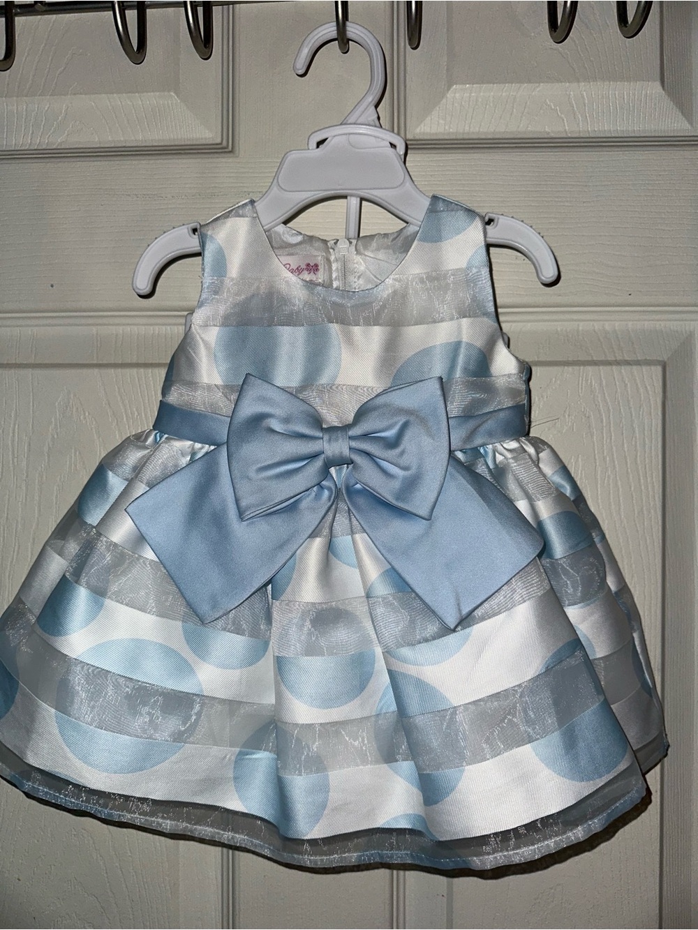 Baby Girl Satin Striped Blue & White Bow Dress